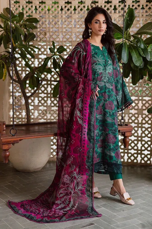 Nureh Signature Printed Linen green Chiffon – view 1 – Poshaq