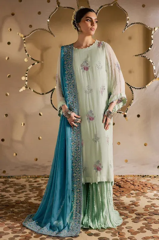 Nureh Mukeshkari Luxe light ferozi Raw Silk – view 1 – Poshaq