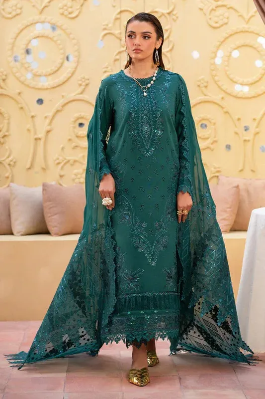 Nureh Karandi 25 Deep Teal Green Organza – view 1 – Poshaq