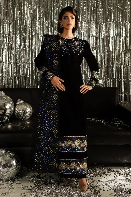 Black long shirt with velvet and organza detailing – view 1 – Poshaq