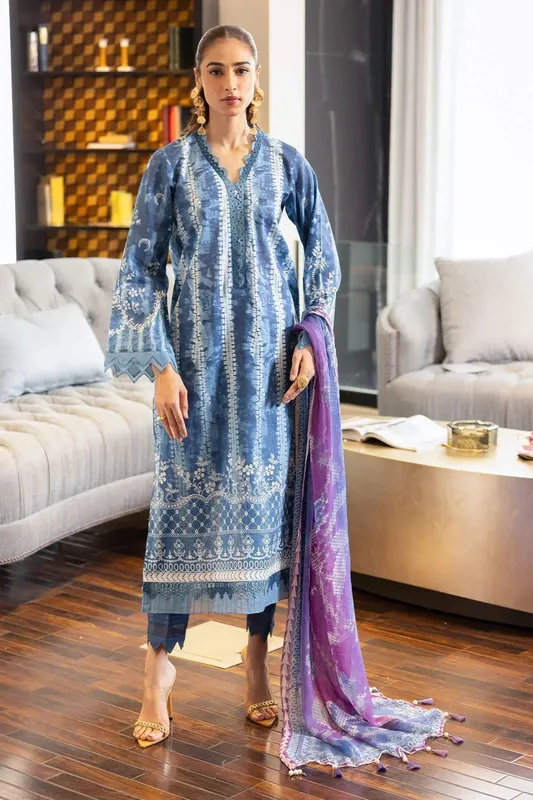 Nureh Printed lawn 25 Blue Chiffon – view 1 – Poshaq