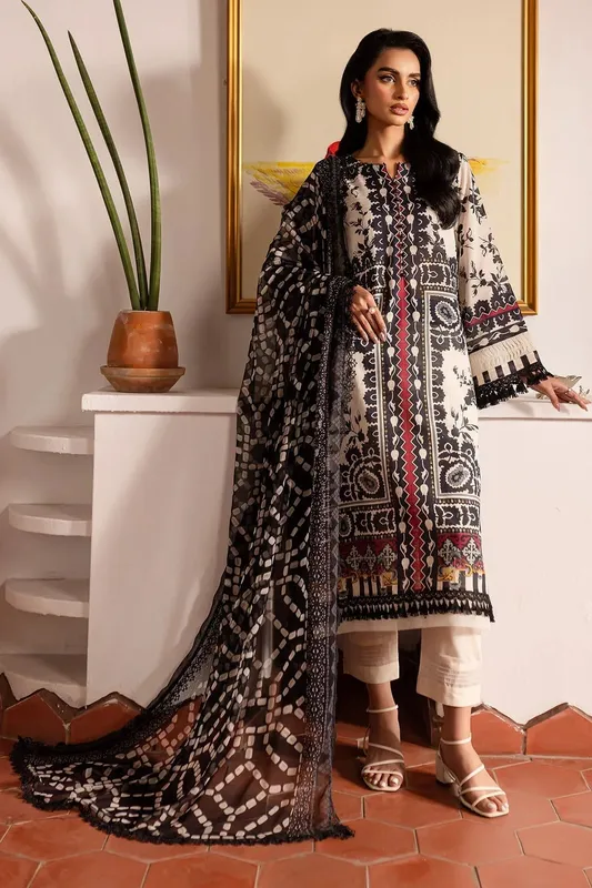 Nureh Printed lawn 25 Ivory Chiffon – view 1 – Poshaq