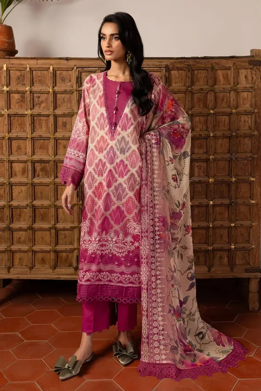 Nureh Printed lawn 25 Magenta Chiffon – view 1 – Poshaq