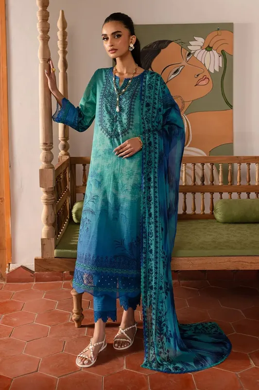 Nureh Printed lawn 25 Blue Chiffon – view 1 – Poshaq