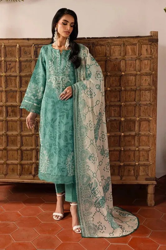 Nureh Printed lawn 25 Teal Gray Chiffon – view 1 – Poshaq
