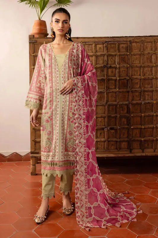 Nureh Printed lawn 25 Desert Sand Chiffon – view 1 – Poshaq