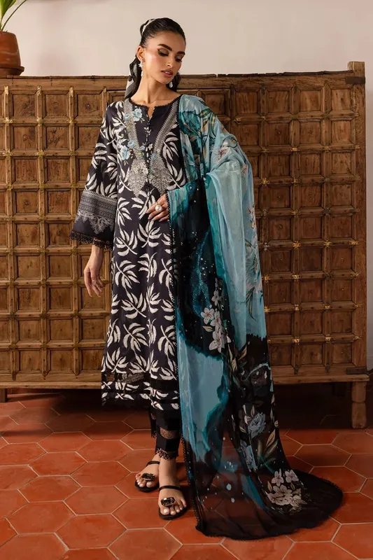 Nureh Printed Lawn 25 Black Chiffon – view 1 – Poshaq