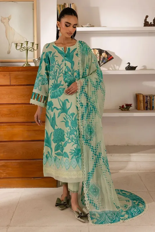 Nureh Printed Lawn 25 Mint Gray Chiffon – view 1 – Poshaq