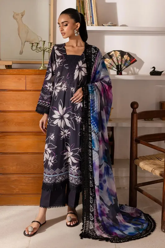 Nureh Printed Lawn 25 Black Chiffon – view 1 – Poshaq
