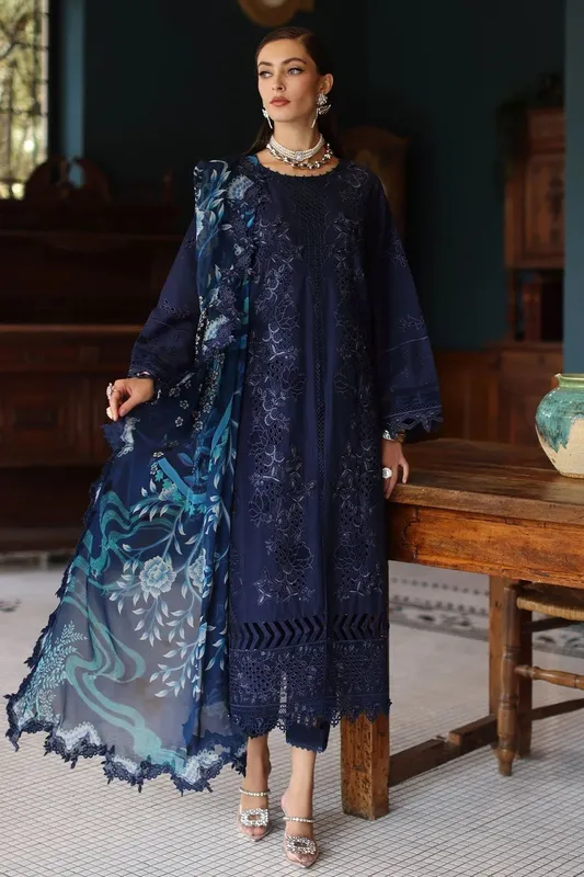 Nureh Maya Lawn Dark Blue Chiffon – view 1 – Poshaq