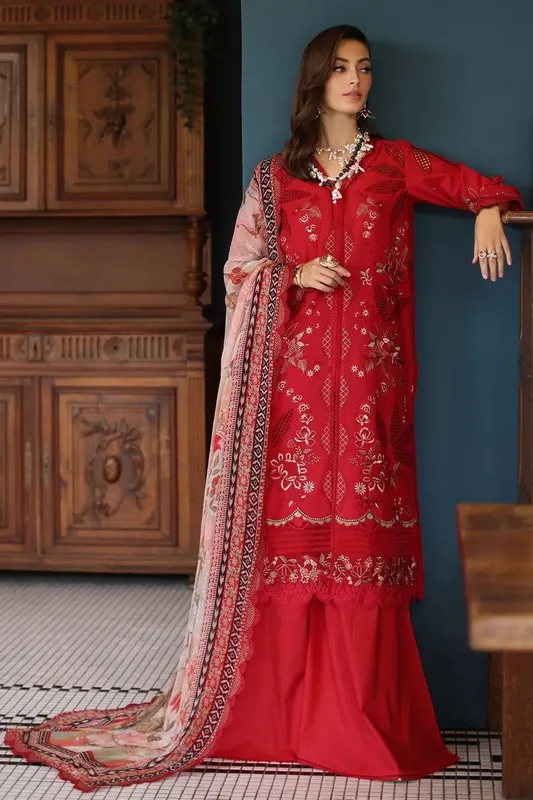 Nureh Maya Lawn Red Chiffon – view 1 – Poshaq