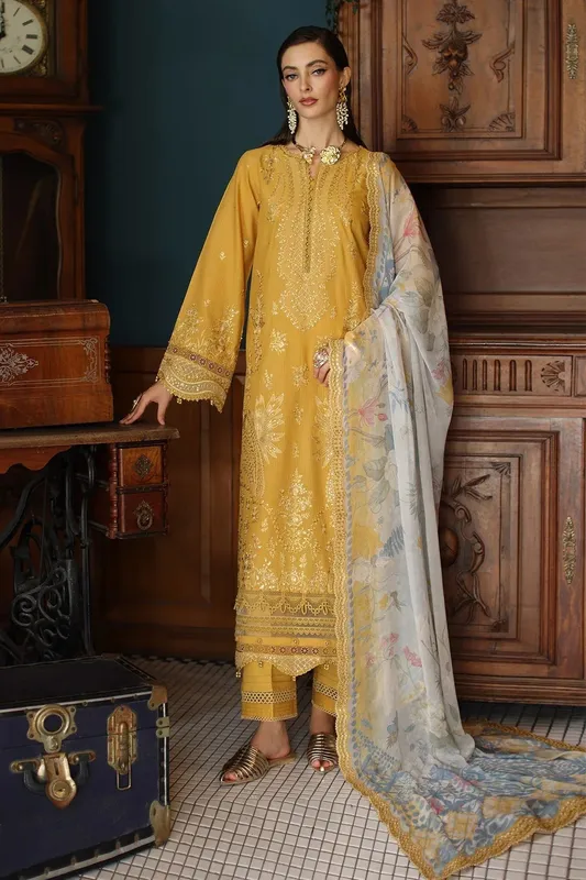 Nureh Maya Lawn Mustard Yellow Chiffon – view 1 – Poshaq
