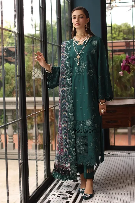 Nureh Maya Lawn Dark Green Chiffon – view 1 – Poshaq