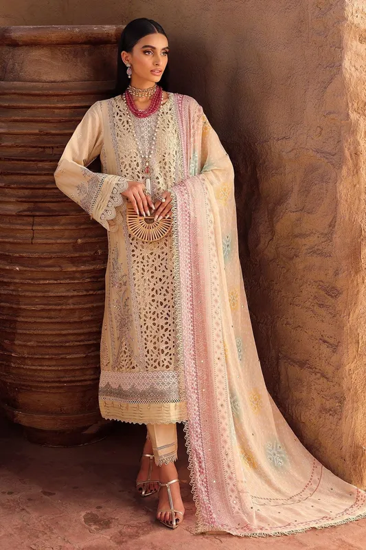 Nureh Bazaar Lawn Beige Chiffon – view 1 – Poshaq