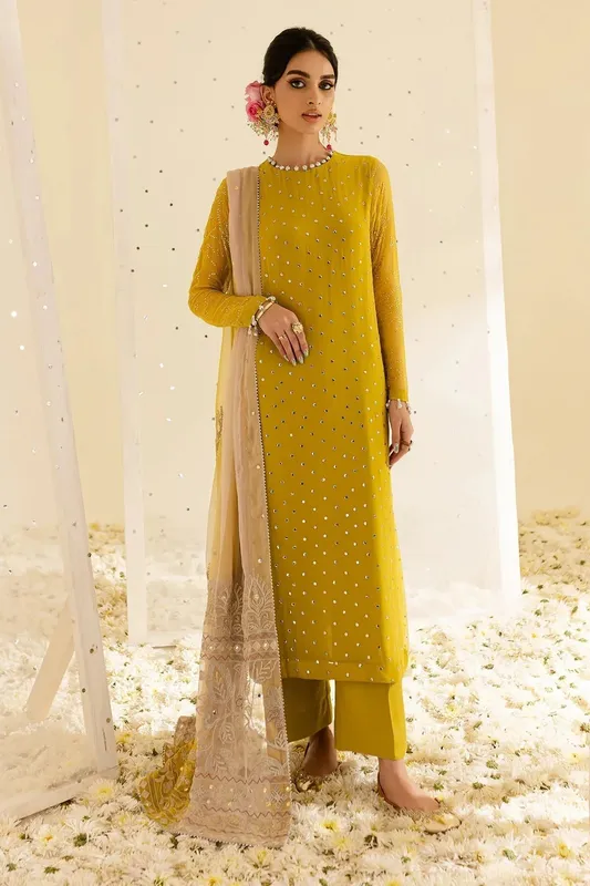 Nureh Mukeshkari Formals Lime Yellow Raw Silk – view 1 – Poshaq