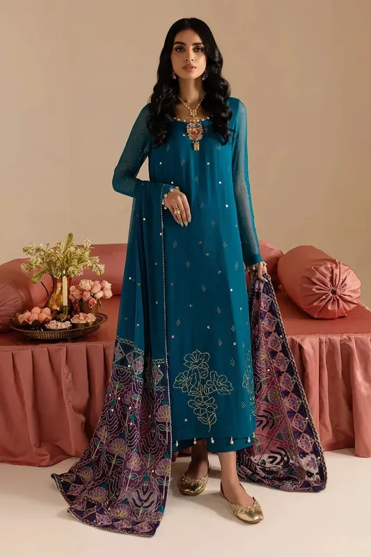 Nureh Mukeshkari Formals Sea Green Raw Silk – view 1 – Poshaq
