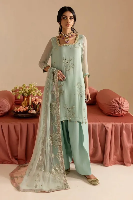 Nureh Mukeshkari Formals Ice Blue Raw Silk – view 1 – Poshaq