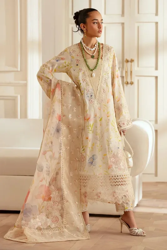 Nureh Feya Eid Lawn Ivory Organza – view 1 – Poshaq