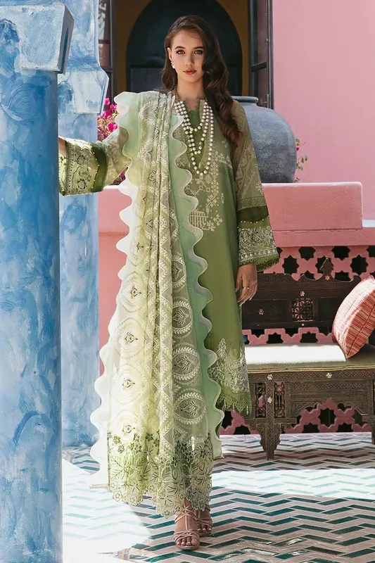 Nureh Maya Swiss Lawn Olive Green Chiffon – view 1 – Poshaq