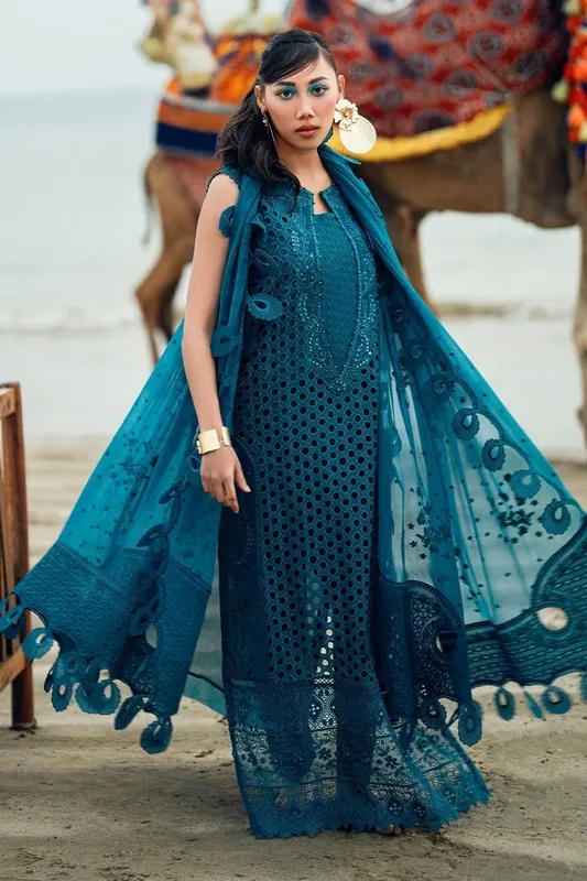 Nureh Khuwab Luxury Lawn Teal Blue Chiffon – view 1 – Poshaq