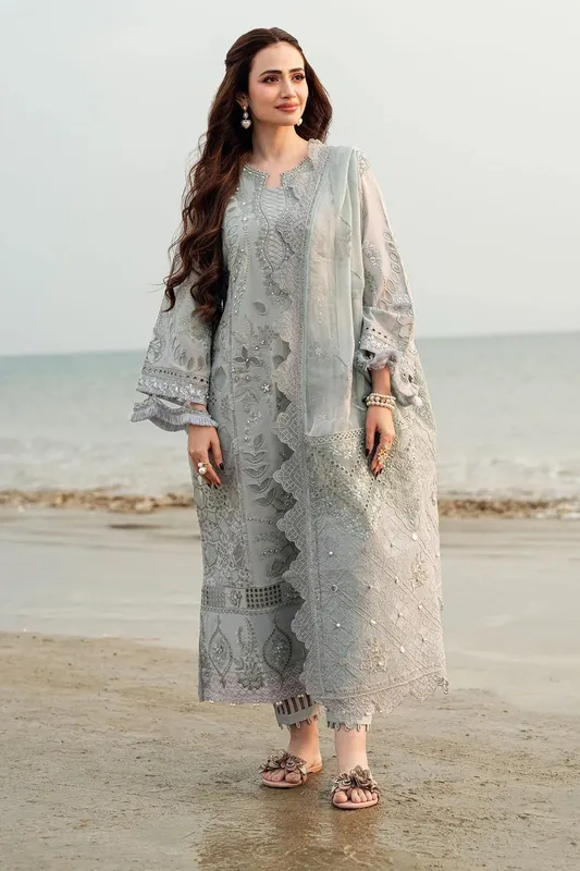 Nureh Khuwab Luxury Lawn Pastel Gray Chiffon – view 1 – Poshaq