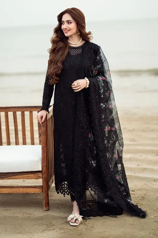 Nureh Khuwab Luxury Lawn Black Organza – view 1 – Poshaq