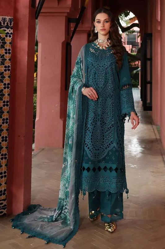 Nureh Bazaar Lawn 25 Dark Teal Green Chiffon – view 1 – Poshaq