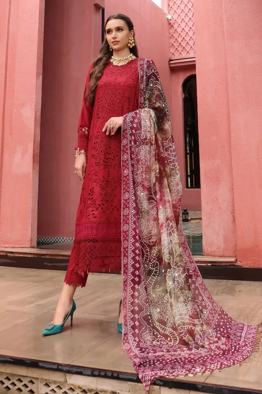 Nureh Bazaar Lawn 25 Haute Red Chiffon – view 1 – Poshaq