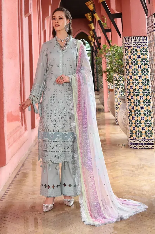 Nureh Bazaar Lawn 25 Ice Blue Chiffon – view 1 – Poshaq