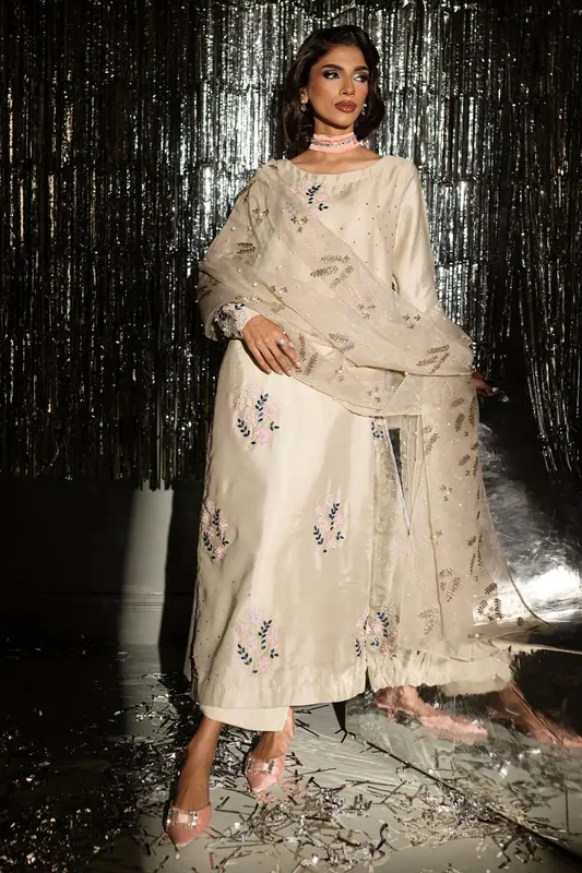 Nureh Tiny Twinkles Beige Organza – view 1 – Poshaq
