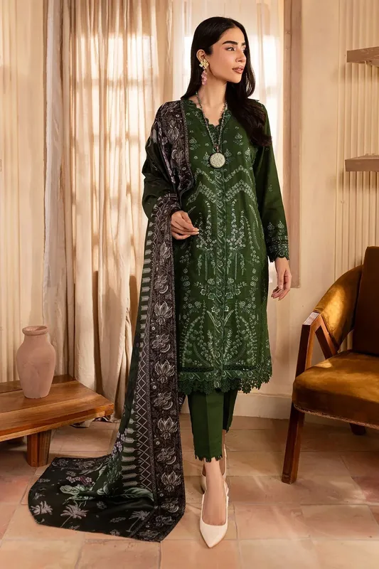 Nureh Shades of Winter Deep Olive Green Khaddar – view 1 – Poshaq
