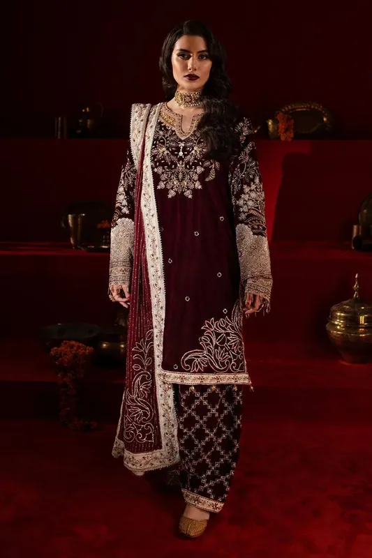 Nureh Maya Velvet Maroon Organza – view 1 – Poshaq