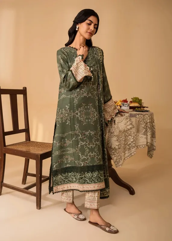 Nureh Shades of Winter Deep Olive Green Linen – view 1 – Poshaq