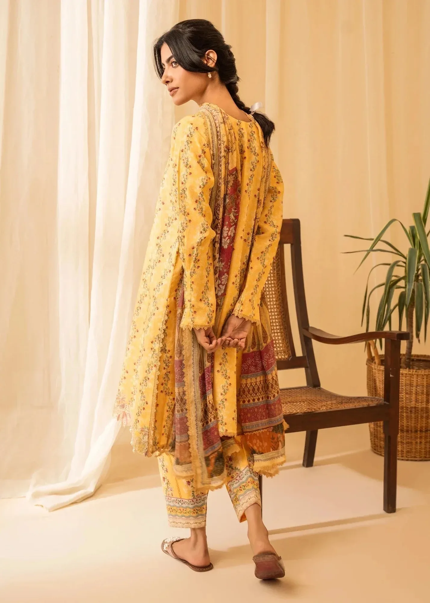 Dust Yellow chiffon and linen shirt with subtle detailing – view 2 – Poshaq
