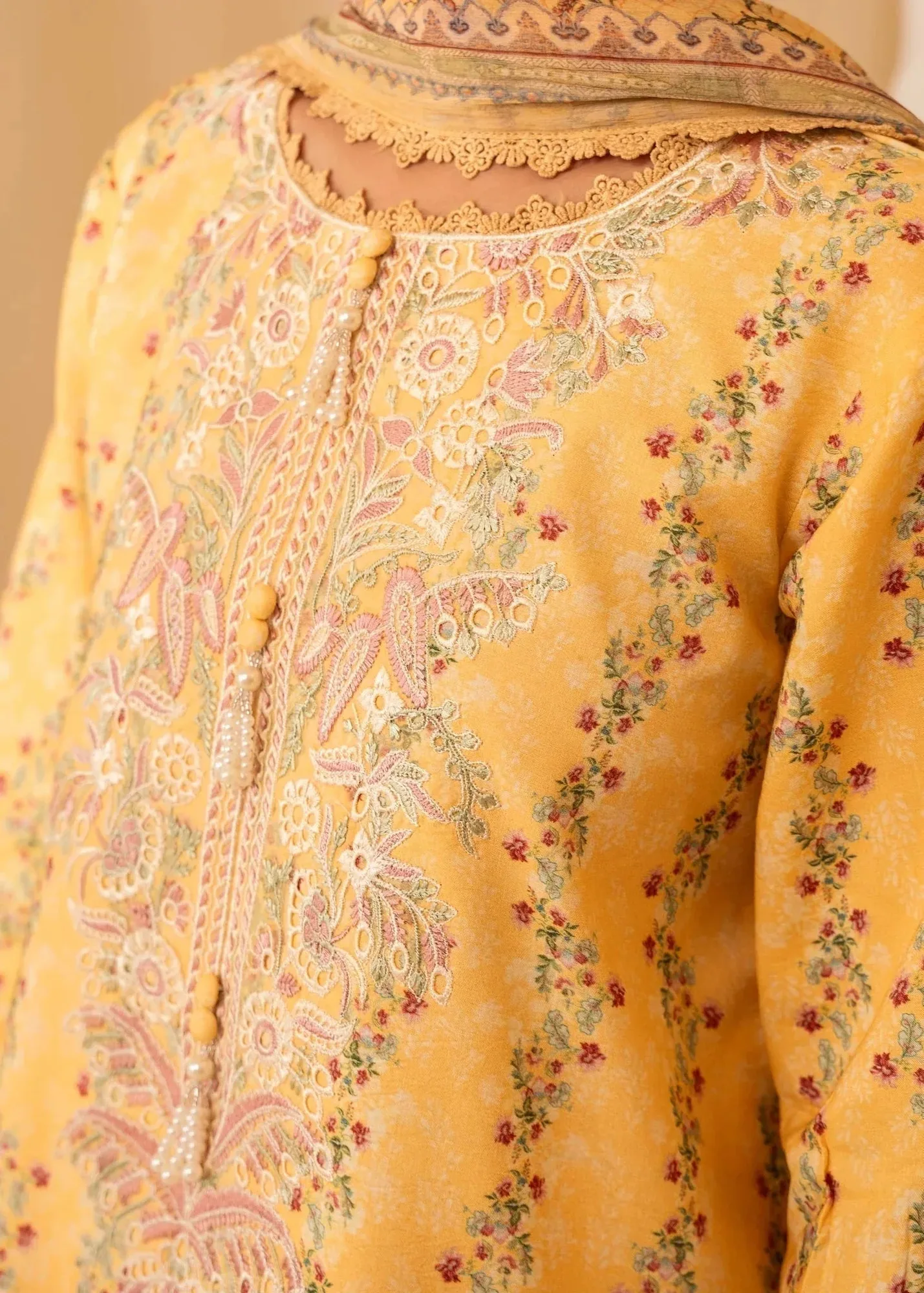 Dust Yellow chiffon and linen shirt with subtle detailing – view 3 – Poshaq
