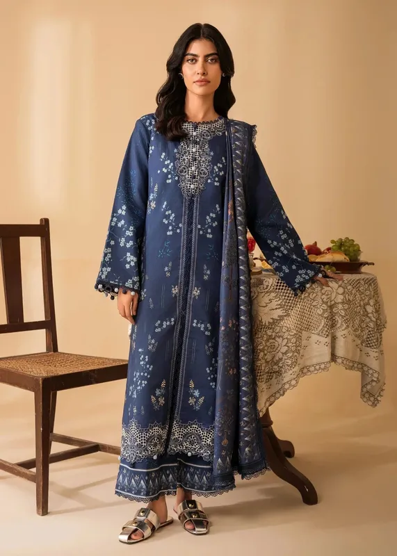Navy blue pashmina and linen long‑slit shirt with embroidered details – view 1 – Poshaq