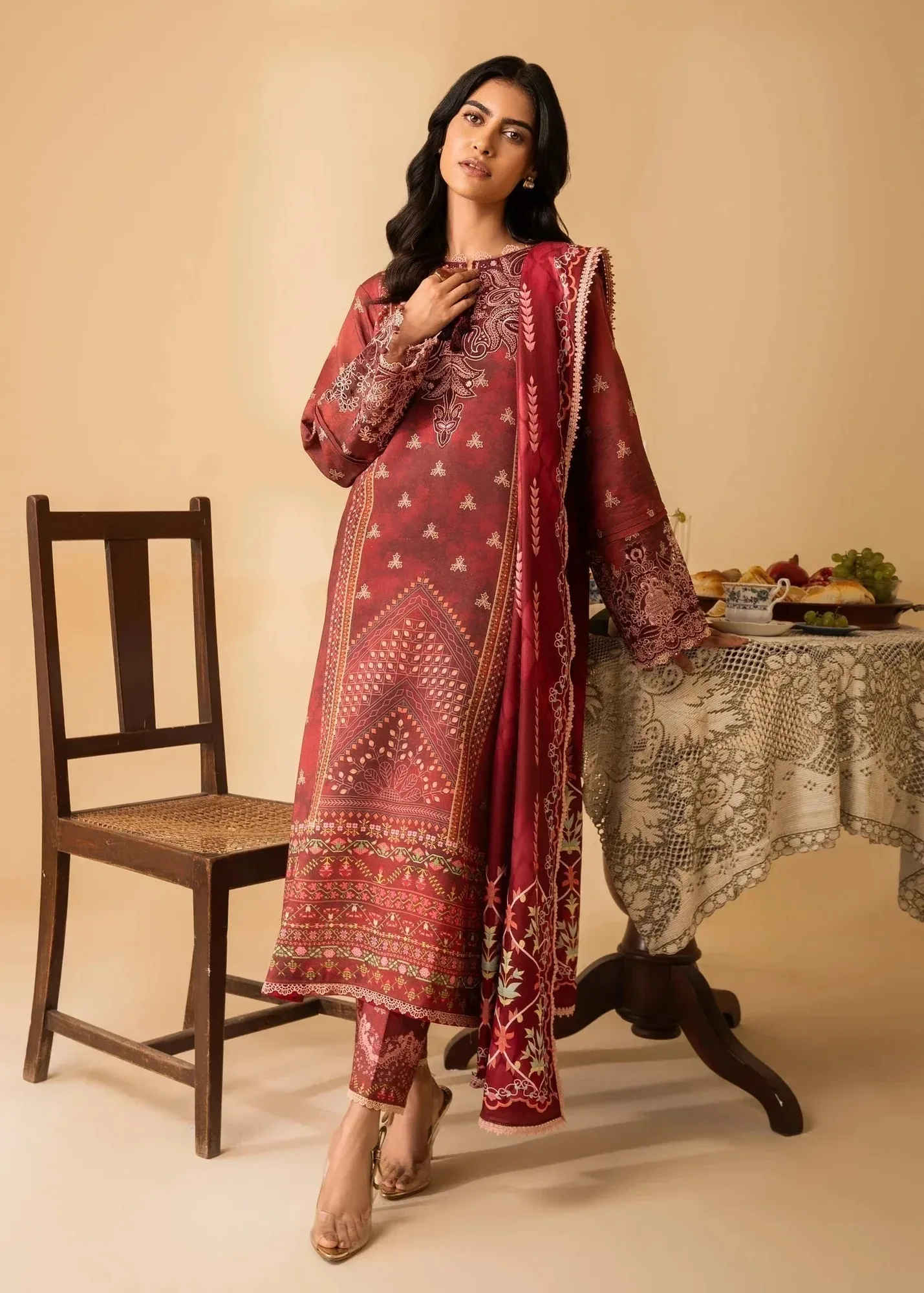 Nureh Shades of Winter Maroon Pashmina – view 1 – Poshaq