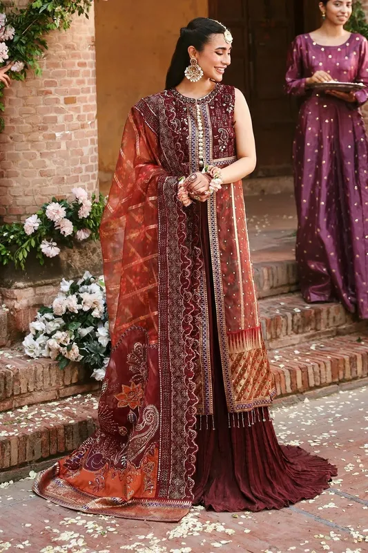 Nureh Jhoomro Wedding Formals Maroon Raw Silk – view 1 – Poshaq