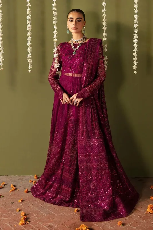 Nureh Jhoomro Wedding Formals Wine Organza – view 1 – Poshaq