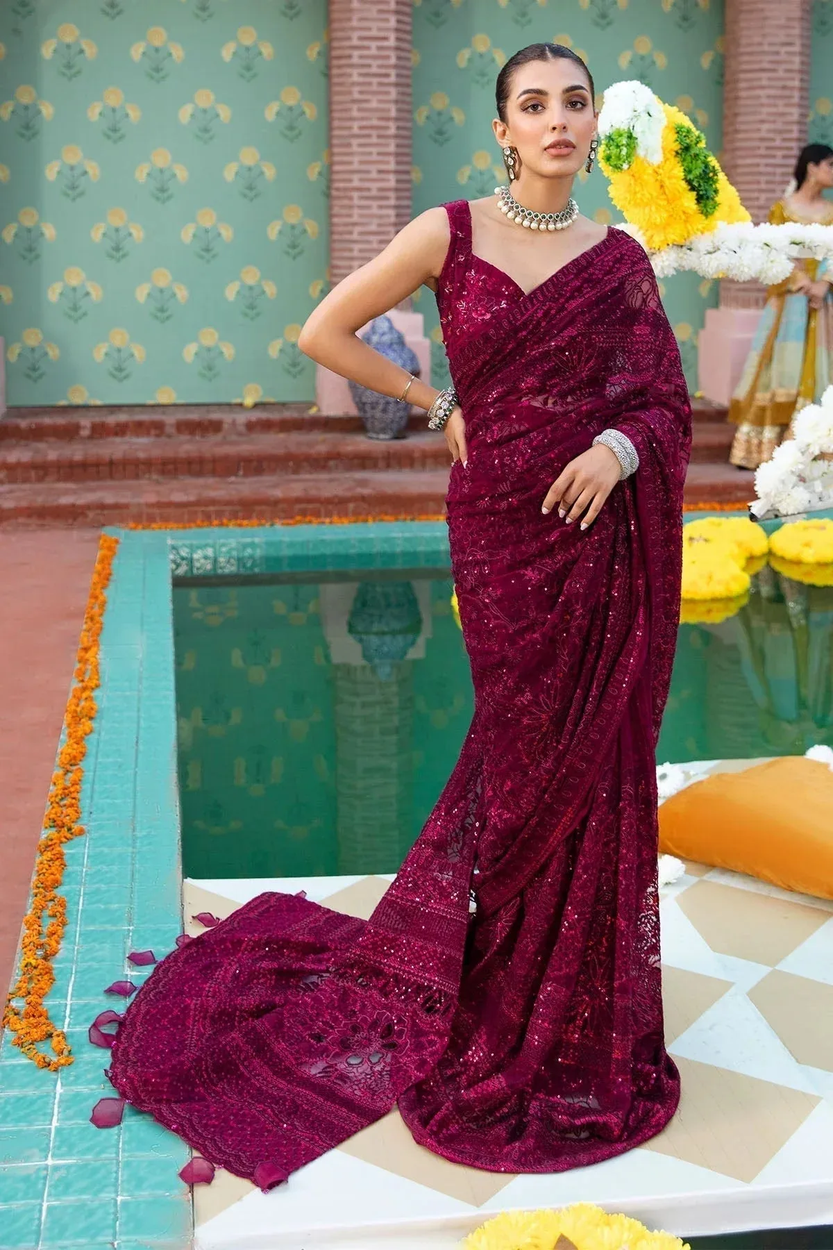 Nureh Jhoomro Wedding Formals Wine Organza – view 2 – Poshaq