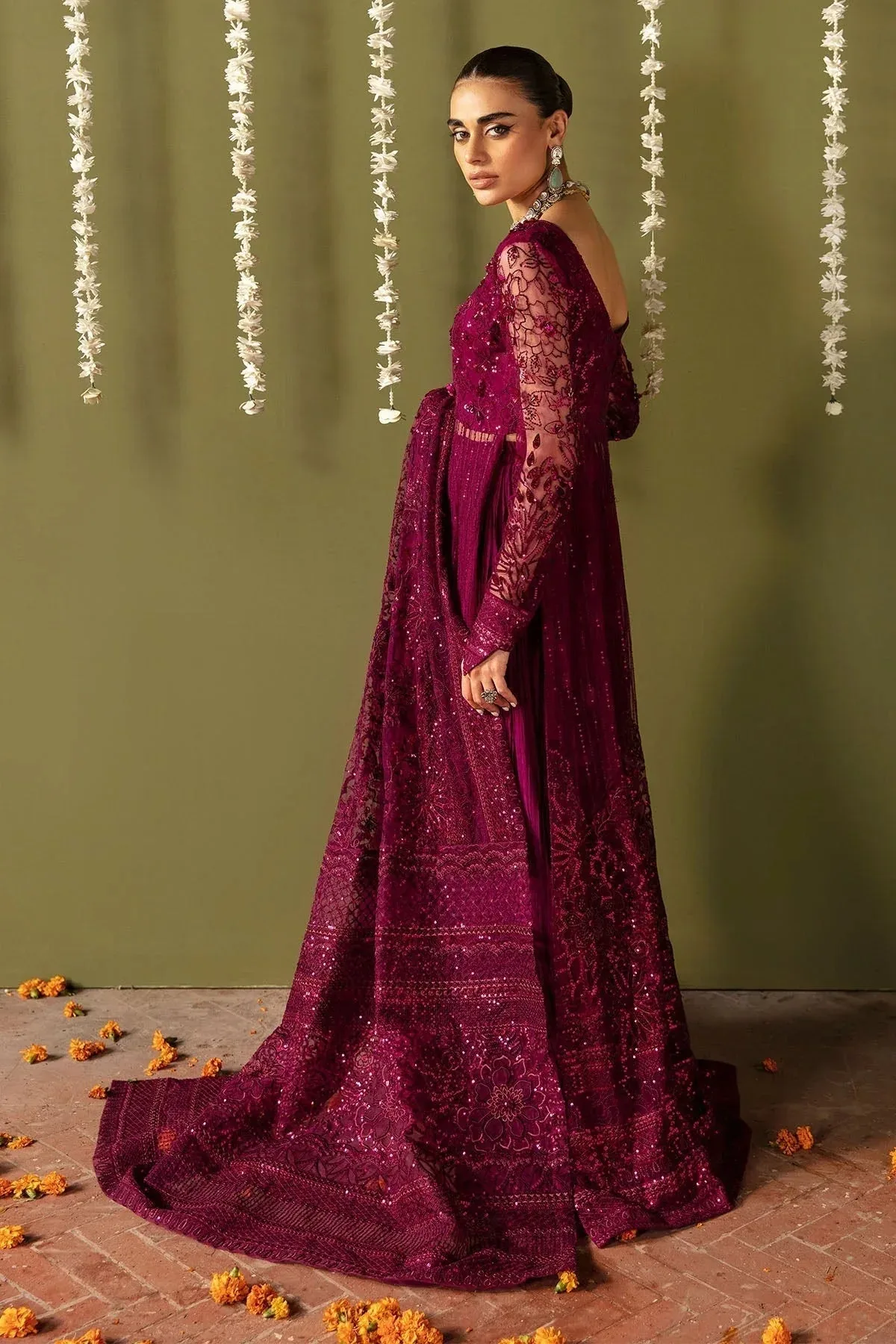 Nureh Jhoomro Wedding Formals Wine Organza – view 3 – Poshaq