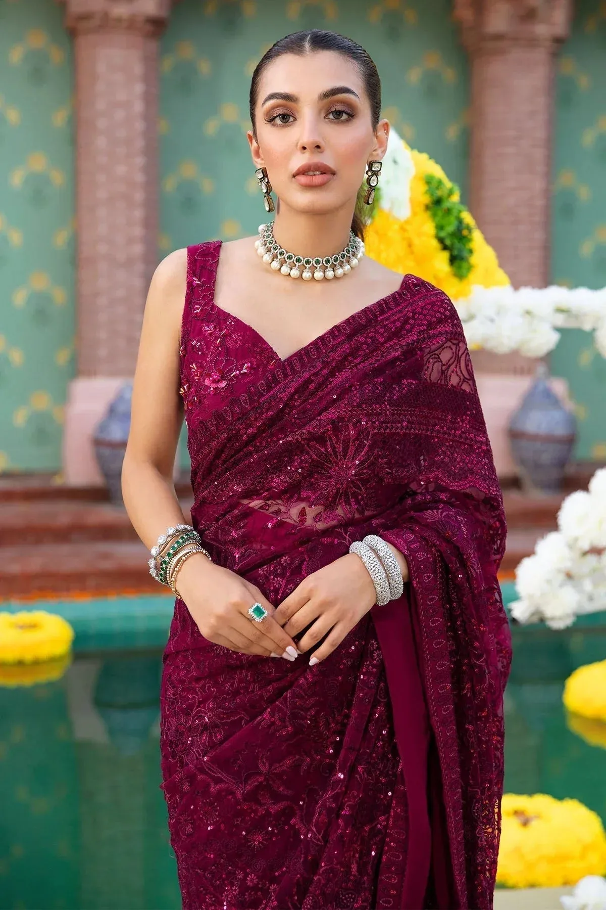 Nureh Jhoomro Wedding Formals Wine Organza – view 6 – Poshaq