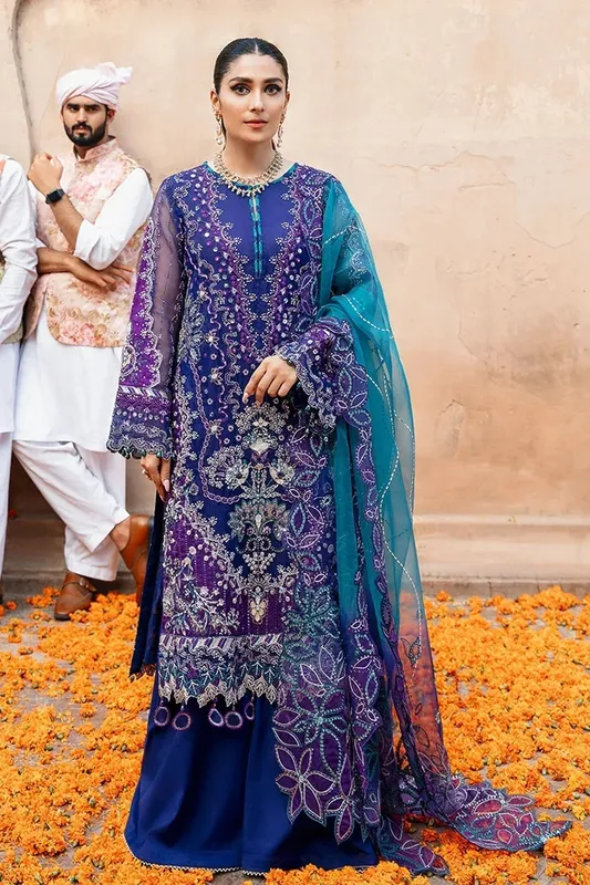Nureh Jhoomro Wedding Formals Blue Cotton Silk – view 1 – Poshaq