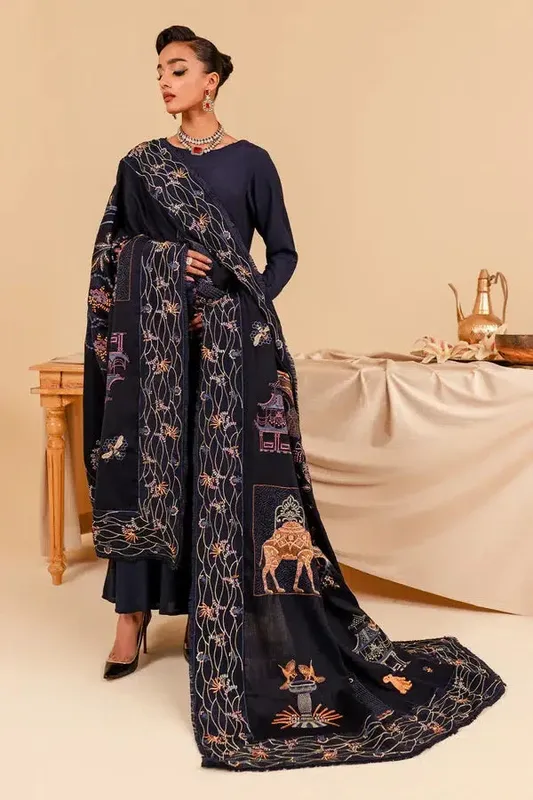 Nureh Shades of Winter Navy Blue Raw Silk – view 1 – Poshaq