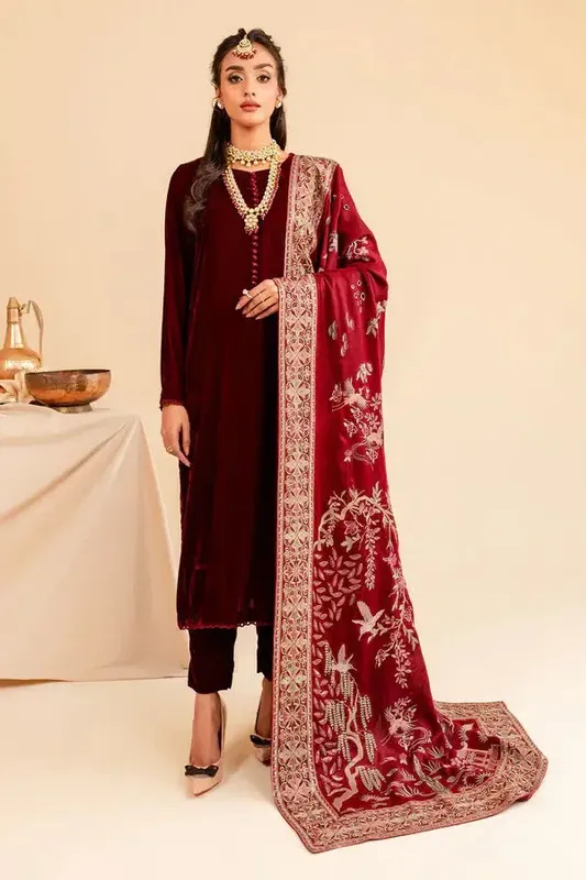 Nureh Shades of Winter Maroon Velvet – view 1 – Poshaq