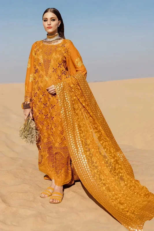 Nureh Sehra Swiss Voil Lawn Mustard Chiffon – view 1 – Poshaq