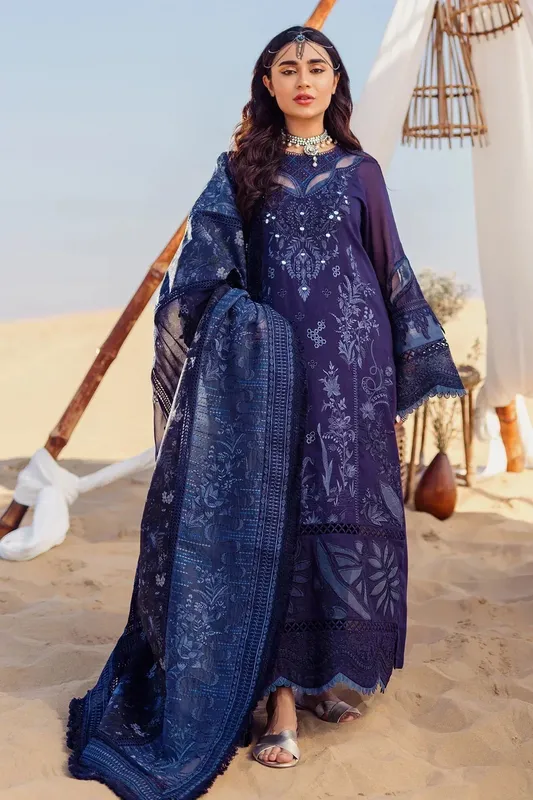 Nureh Sehra Swiss Voil Lawn Blue Chiffon – view 1 – Poshaq