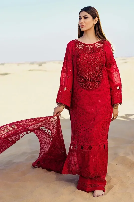 Nureh Sehra Swiss Voil Lawn Red Organza – view 1 – Poshaq