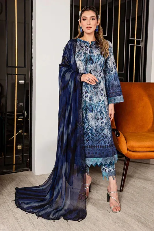 Nureh Printed Lawn 24 Blue Chiffon – view 1 – Poshaq