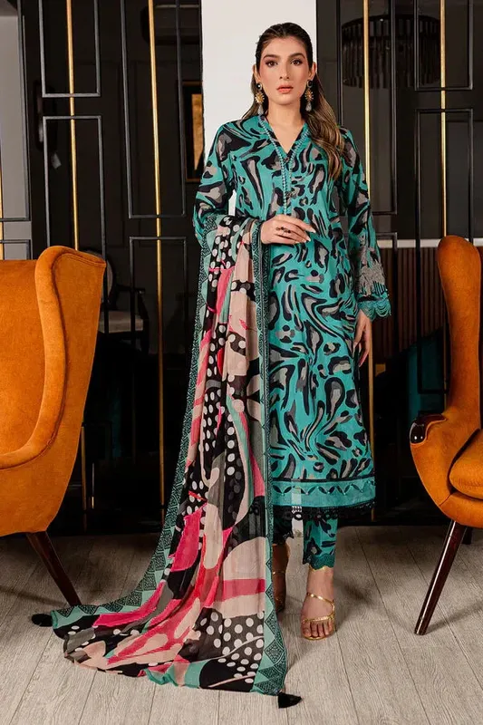 Nureh Printed Lawn 24 Green Chiffon – view 1 – Poshaq